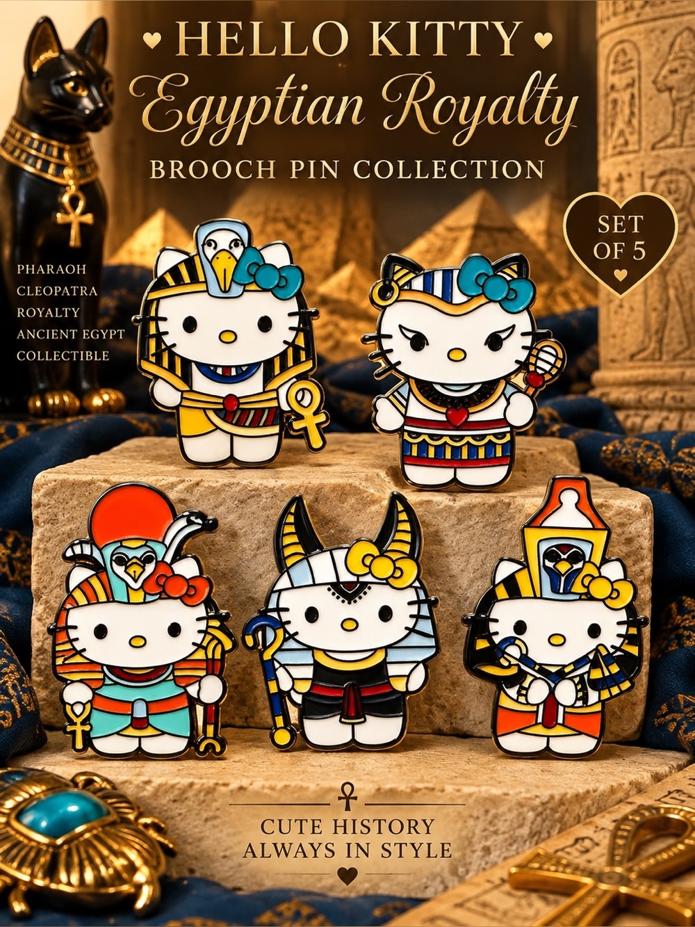 Hello Kitty Egyptian Royalty Enamel Pin Set of 5 Pharaoh Style